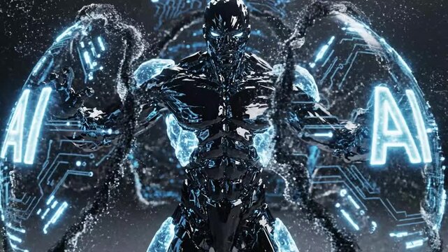 Abstract AI brain with glowing circuits and digital particles exploding outwards artificial intelligence.