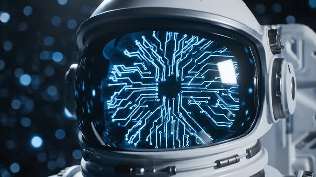 Astronaut helmet visor reflecting glowing blue circuit board pattern in dark space reflection.