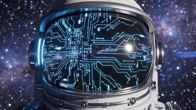 Astronaut helmet with glowing circuit board reflection in visor against starry space background.