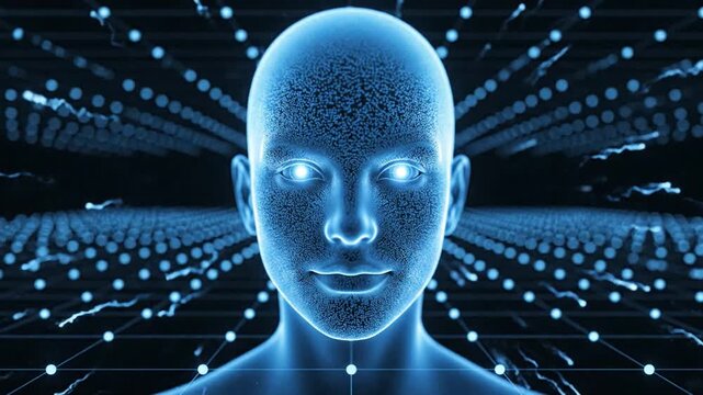 Blue digital human head with glowing eyes surrounded by a dynamic explosion of light particles and data streams.