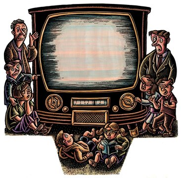 two adults and four kids look at blank screen of old fashioned television