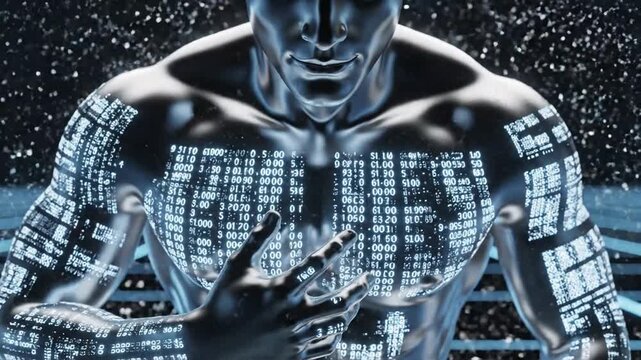 Close-up of a metallic human torso covered in glowing binary code and data streams artificial intelligence.