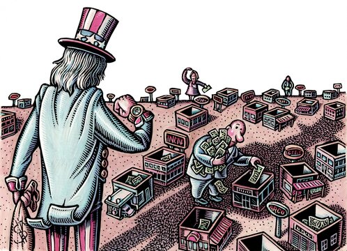 uncle sam looks at watch as man puts money into commercial properties