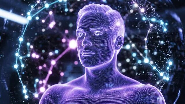 Close-up of a wireframe human head with glowing blue and pink neural network connections artificial intelligence.