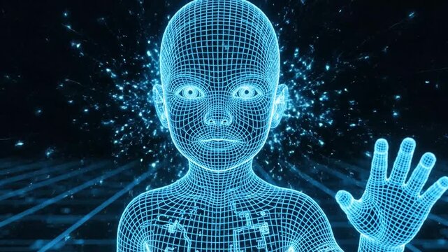 Futuristic blue wireframe child hologram reaching out with hand in digital grid environment.