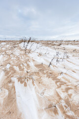 Snow covered sand dunes stretch across a winter beach