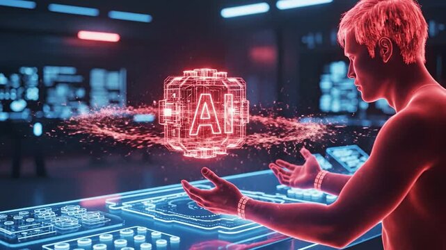 Man interacting with glowing red AI interface displaying data and schematics artificial intelligence.