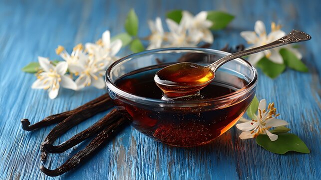 Close-up of vanilla extract in a glass bowl with vanilla beans, flowers, and a spoon on a blue wooden surface