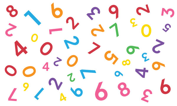 Mathematics background. different numbers in random pattern. Colorful school pattern for children. Multicolor math background for kids, colors red, orange, greenery. Seamless abstract vector pattern