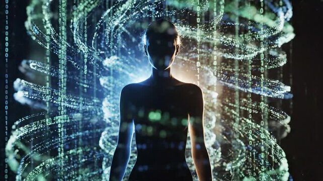 Silhouette of a person surrounded by a swirling vortex of binary code and light particles human numbers.