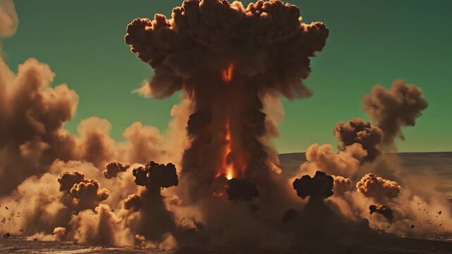 Explosion mushroom cloud rising in the sky with smoke and debris