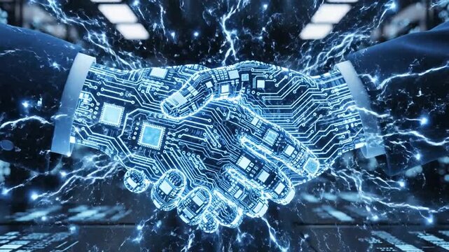 Two hands in business suits shaking with intricate blue circuit board patterns and binary code handshake.