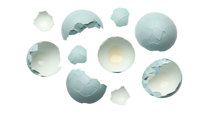Light blue broken eggshell pieces PNG isolated on transparent background, cracked eggshell fragments for Easter and design use