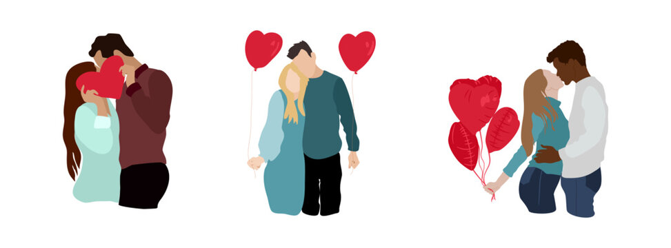 Portraits romantiquede couples amoureux avec des ballons en formes de coeur. Illustrations sp&eacute;ciales pour c&eacute;l&eacute;brer l'amour et cr&eacute;er des visuels et des cartes de Saint-Valentin.