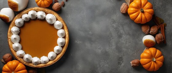 Obraz premium Festive Pumpkin Pie with Whipped Cream and Nuts Surrounded by Autumn Decorations for Advertising Use