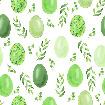 Seamless pattern of green Easter eggs white