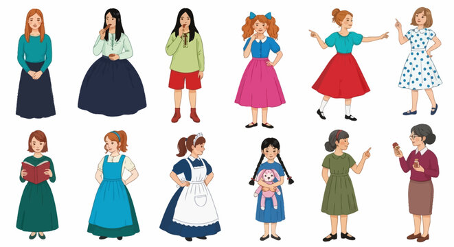 Collection of women in various dresses standing and dancing in different poses and outfits