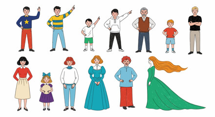 Naklejka premium Diverse group of people in various costumes and poses, showcasing different professions and characters, illustrated in a vibrant vector art style.