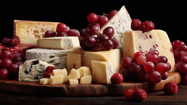 Assorted cheeses and red grapes with raspberries on a wooden cutting board with a black backdrop