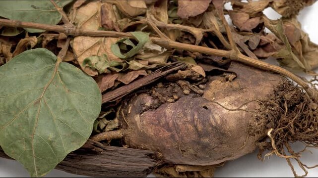 A close up of a collection of dried leaves, branches, roots, and decaying organic material