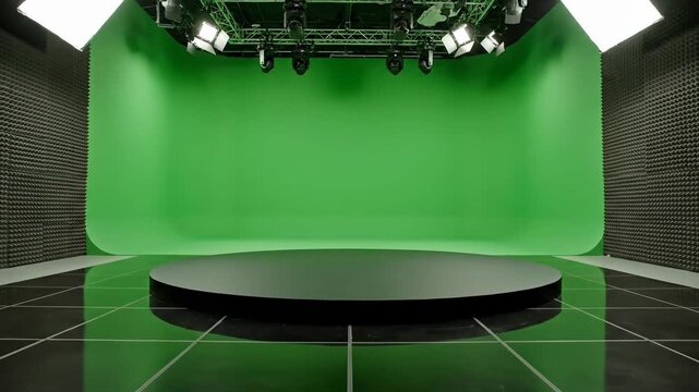 Empty studio with green screen cyclorama and lighting system