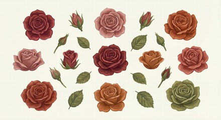 Rose Flower Vector Illustration Set Featuring Colorful Bud Leaf And Botanical Plant Elements