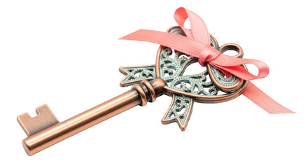 Ornate bronze key with pink ribbon isolated on transparent PNG, vintage style decorative element for invitations and special occasions