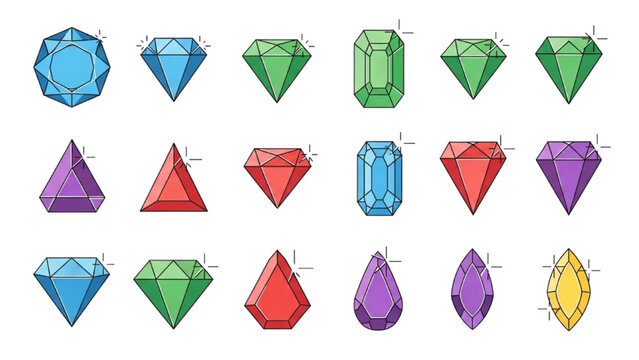 Collection of colorful gemstones and jewels displayed in a grid pattern