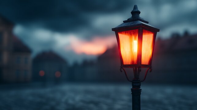 A glowing street lamp illuminates a foggy, twilight urban scene with blurred buildings and a moody sky in the background.