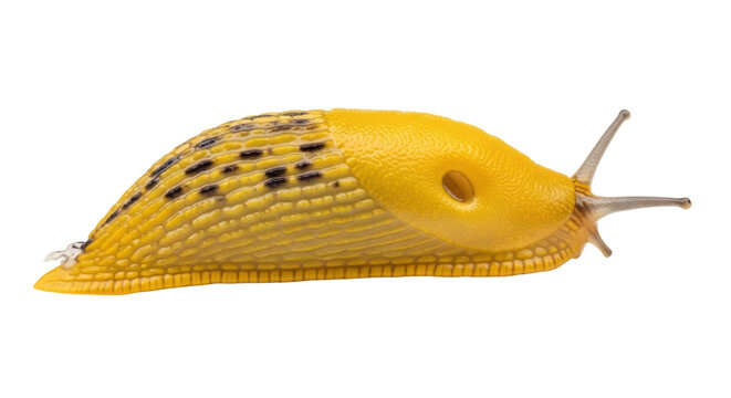 Bright yellow banana slug isolated PNG, a terrestrial mollusk with black spots on its mantle, for biology education and wildlife design projects