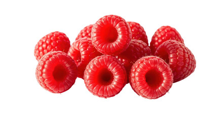 Pile of fresh red raspberries PNG isolated on transparent background, delicious and healthy fruit for dessert and snack