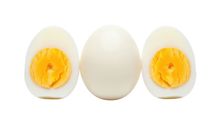 Three hard boiled eggs, two halves and one whole isolated PNG on transparent background, protein rich food for healthy eating