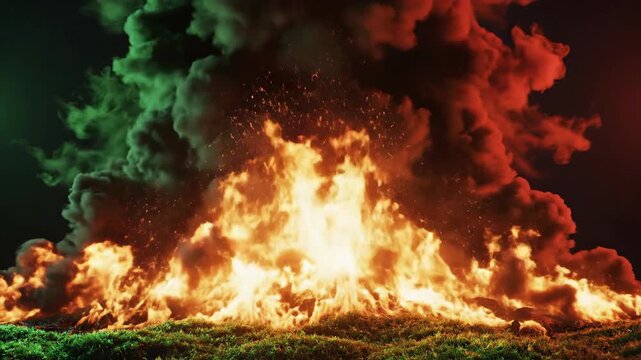 Fire burns with smoke and green grass creating a fiery backdrop