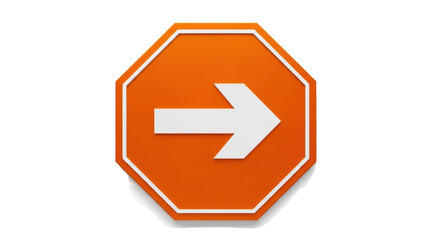 Orange octagon with white arrow pointing right isolated PNG, direction sign for navigation and wayfinding on transparent background