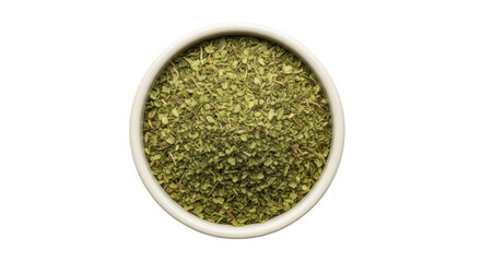 Dried oregano in a bowl isolated PNG, aromatic herb for cooking and seasoning on transparent background, culinary ingredient