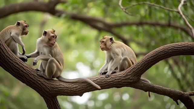 Three Monkeys Sitting on Tree Branch.