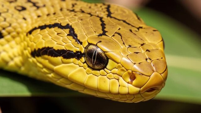 Extreme macro wildlife video of a golden lancehead snake focusing on eye and scale texture