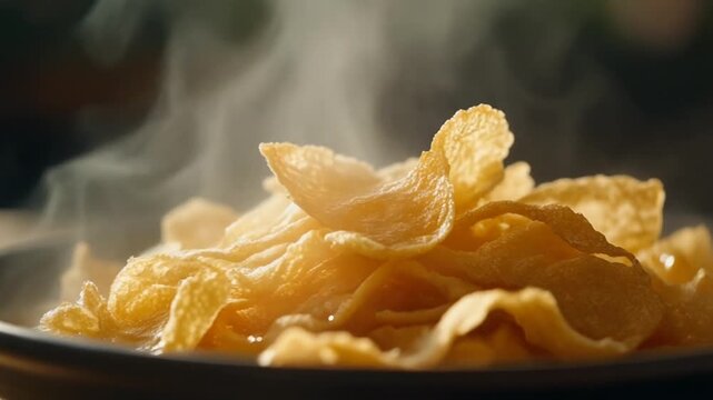 Steaming hot potato chips in bowl.