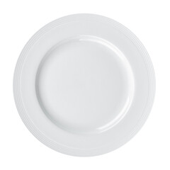 Empty white porcelain plate with elegant textured rim isolated on white background top view for restaurant menu design and food presentation