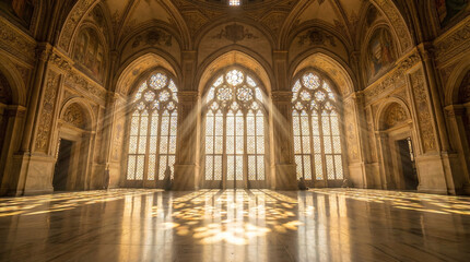 A grand, ornately decorated interior of a building, likely a mosque or cathedral, is depicted