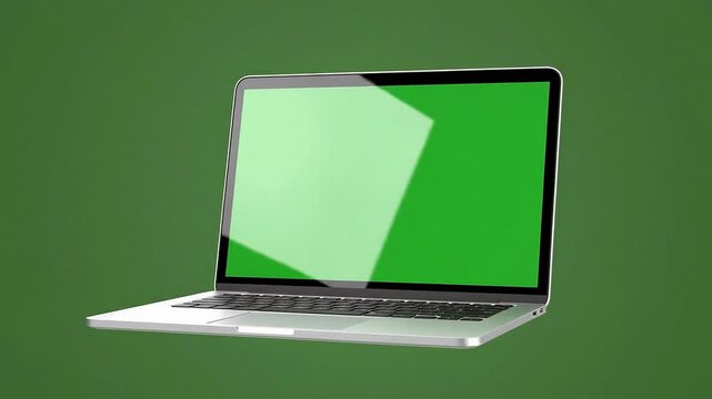 Modern laptop rotating with a blank green screen for video mockup and app display on a chroma key background