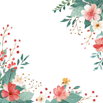 Watercolor floral arrangement with red berries and muted colors on black background
