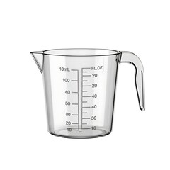 A transparent glass of milk sits beside an isolated blender and measuring cup on a white background, highlighting essential kitchen and laboratory equipment used to measure liquid food or chemicals