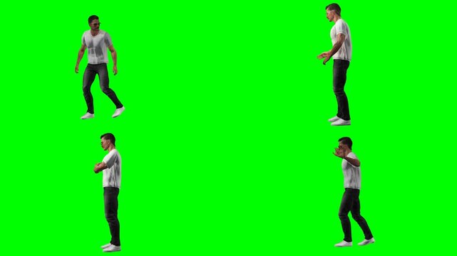 young casual man guy is walking dancing standing and talking on green screen chromakey background for 3D animated cartoonnimation. Ideal for custom video project and multimedia works.