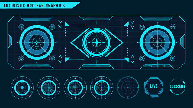 Futuristic hud bar graphics with circular targeting reticles and digital elements