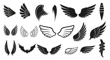 Collection of various wing illustrations in different styles and orientations, showcasing diverse designs and silhouettes, vector graphics