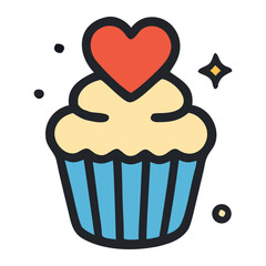 Cute cupcake with heart icon in flat vector style