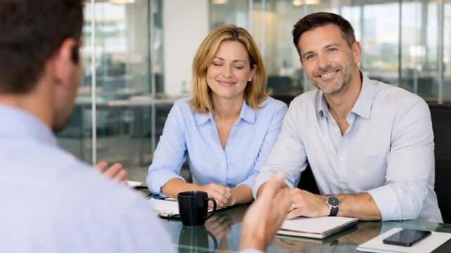 Mature family couple listen to financial review from trusted specialist.
