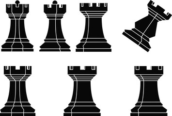Chess Rook Silhouette Collection Vector Illustration Black White Castle Tower Piece Strategy Board Game Icon Set © Rabbi creatives