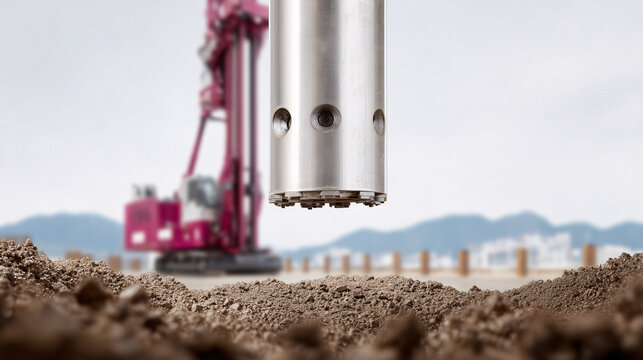 Close up of a rotary coring drill bit above loose soil on a construction site.